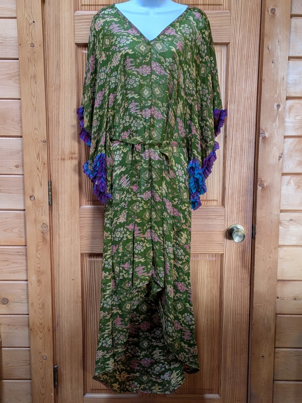 Hichenora Kaftan Soie Recyclée Pièce Unique Cotton Women's One Size Green Boho